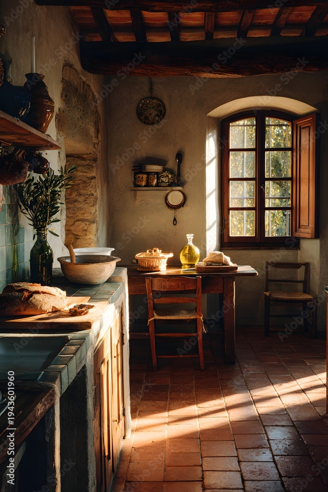 Fototapeta premium Rustic European Farmhouse Kitchen Interior with Warm Natural Light and Vintage Wooden Design