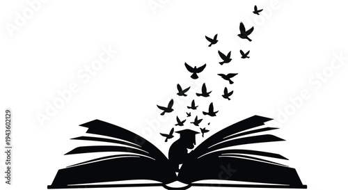 Open book with graduation cap silhouette releasing birds into the sky, symbolizing education and freedom.
