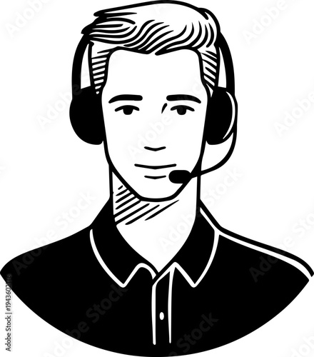Hand Drawn Male Customer Service Agent Black and White Avatar Illustration in Minimal Line Art Style Design