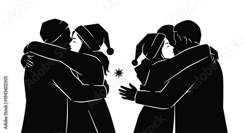 Two couples embrace, sharing a moment of connection and warmth, with a hint of playful spirit.