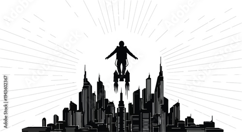 Futuristic figure soaring above a stylized cityscape, symbolizing innovation and progress.