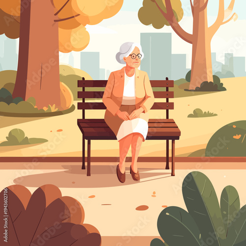 Elderly Woman Sitting Alone on Bench.