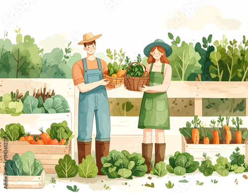 Man and Woman Harvesting Fresh Vegetables Together.