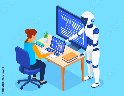 Woman Working with Robot Assistant on Computer.
