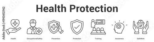 Health Protection web banner icon set vector illustration concept for business with icon of Health, OccupationalSafety, Prevention, Protection, Traini.