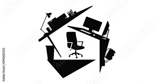 Modern abstract illustration of a chaotic yet organized home office workspace.