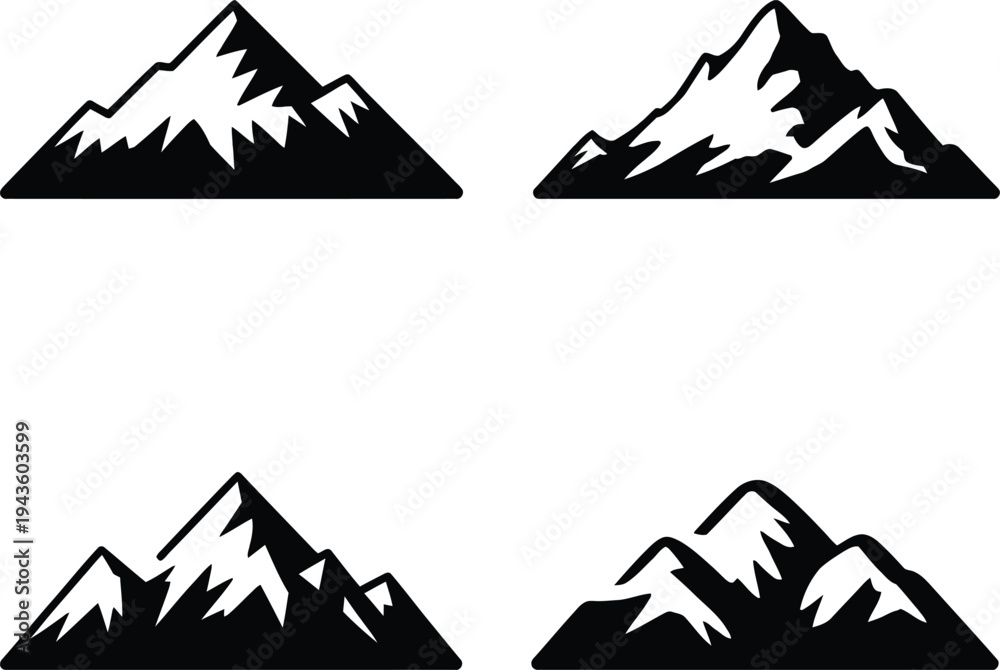Fototapeta premium Four black and white mountain silhouettes in two rows on a plain white background