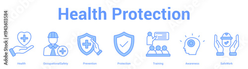 Health Protection web banner icon set vector illustration concept for business with icon of Health, OccupationalSafety, Prevention, Protection, Traini.