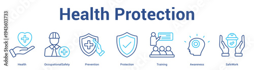Health Protection web banner icon set vector illustration concept for business with icon of Health, OccupationalSafety, Prevention, Protection, Traini.