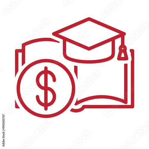 Graduation education icon with dollar money and book symbolizing student finance and learning costs