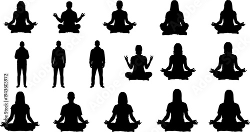 Vector silhouette of diverse people in meditation lotus pose and standing positions for yoga wellness mindfulness mental health and relaxation