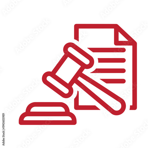Red icon of a gavel and sound block with a document  legal concept symbol