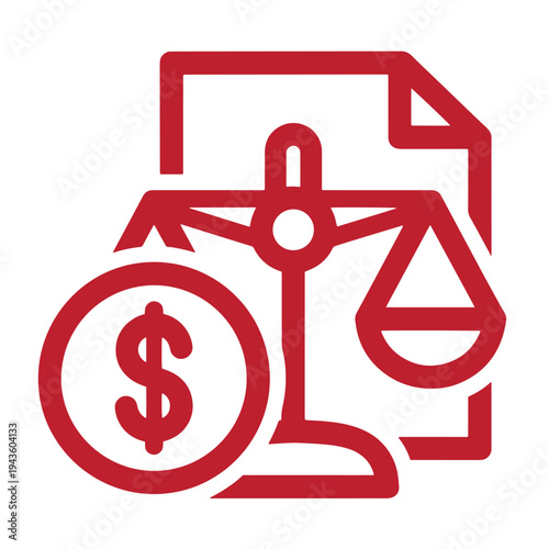 Red icon of a scale with a dollar sign and a document symbol representing justice and finance in one sentence