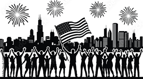 Patriotic celebration silhouette, people with American flag, city skyline, fireworks, Independence Day, national holiday, USA pride, festive atmosphere