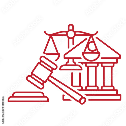 red line drawing of a gavel and scales of justice in front of a courthouse building