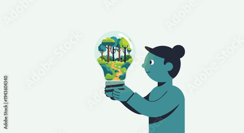 A 3d cartoon character illustration of a teddy bear with a heart, ball, and gift featuring a green eco world globe and light bulb icon to symbolise a global nature energy idea design concept