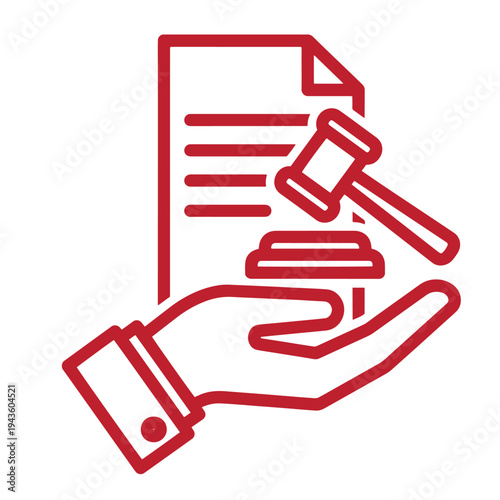 red line icon of a hand holding a gavel and document  law and justice symbol