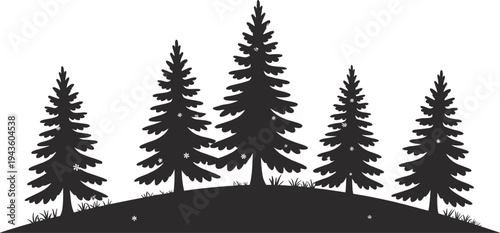 WebWinter forest silhouette, pine trees, snowflakes decoration, holiday woodland, festive landscape, outdoor nature, evergreen environment, tranquil design, eco background, flat vector illustratio