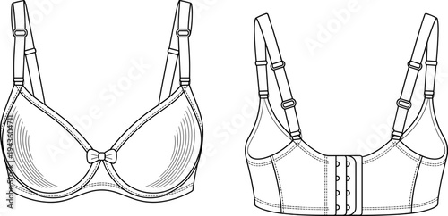 Women padded bra front and back view lingerie underwear fashion template garment outline apparel design flat vector illustration