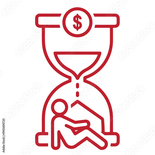 red line icon of person under house in hourglass with dollar sign on top  business concept