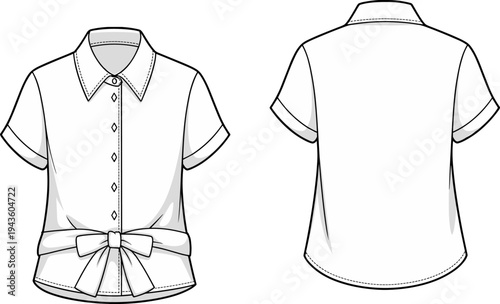 Women short sleeve blouse front and back view fashion clothing template garment outline apparel design flat vector illustration