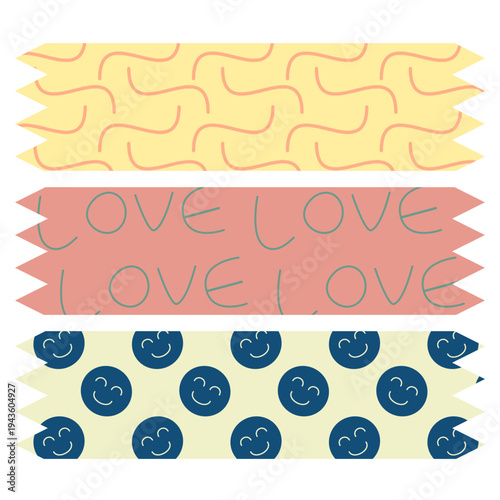 Retro Smiley & Love Washi Tape: Y2K Aesthetic Clipart, Funky Squiggle Pattern PNGs, Preppy Planner Stickers, and Cute Positive Vibes Scrapbooking Ephemera