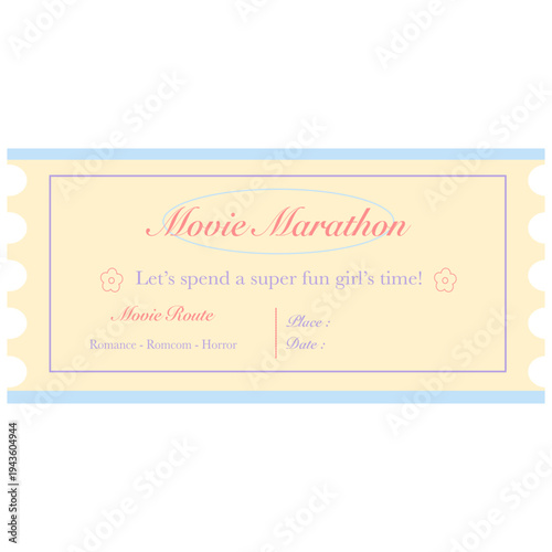 Cute Aesthetic Movie Marathon Ticket Digital Download, Trendy Girls' Night In Invite, Printable Movie Route for Sleepover, Romcom and Horror Slumber Party Invitation, Pastels Girlhood Core asset