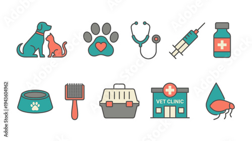 A collection of colorful veterinary clinic icons and pet care symbols