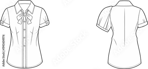 Women, bow, blouse, technical, fashion, drawing, front, back, view, short, sleeve, button, collar, 