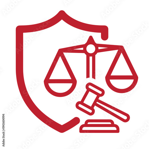red shield with scales of justice and gavel icon for law protection and justice system symbol  representing legal security and fairness concept