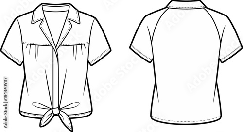 Women, summer, blouse, technical, fashion, drawing, front, back, view, short, sleeve, tied, knot, casual, apparel, garment, template, outline, vector, illustration