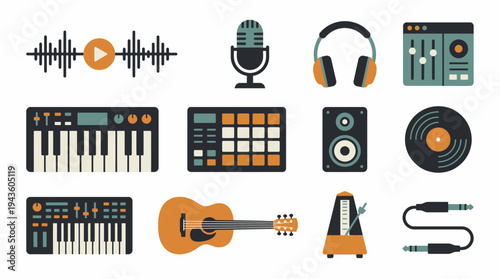 A collection of music production equipment and instruments on a white background