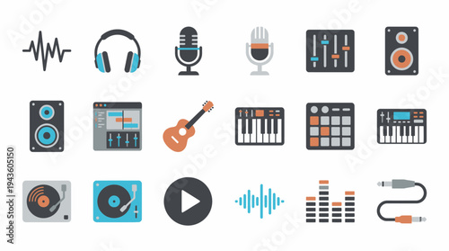 A collection of colorful music icons on a white background