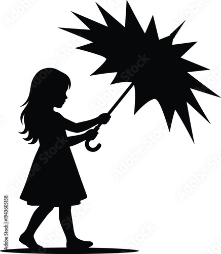 Black silhouette of a little girl walking and holding an umbrella in the rain for autumn season weather design concepts,