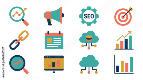 A collection of colorful SEO and marketing icons on a white background