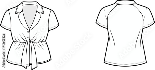 Women, wrap, blouse, technical, fashion, drawing, front, back, view, short, sleeve, waist, tie, elegant, apparel, garment, template, outline, vector, illustration