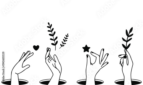 Hands From Holes Set Vector Illustration