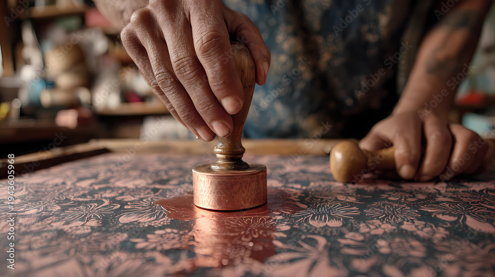 Obraz premium Close up of hands dipping a copper stamp into hot wax for traditional fabric printing, Generative AI illustrations.