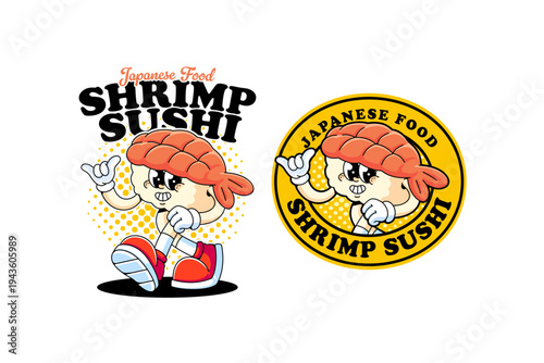A delightful cartoon shrimp nigiri character is walking and check hand for japanese food. Cartoon retro groovy prawn sushi and roll characters in cool 70s vibe