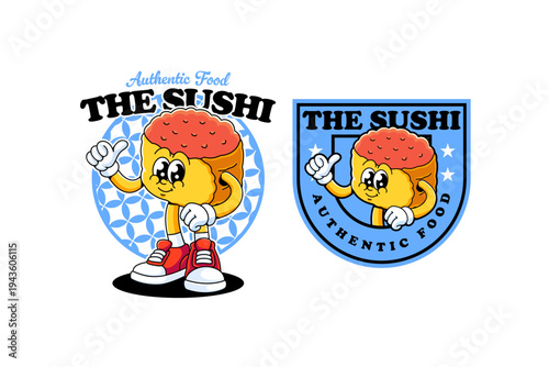 Retro groovy with sea urchin sushi mascot. Funny retro cartoon japanese uni nigiri character is standing and thumb up hand for restaurant merchandise. Vector Illustration