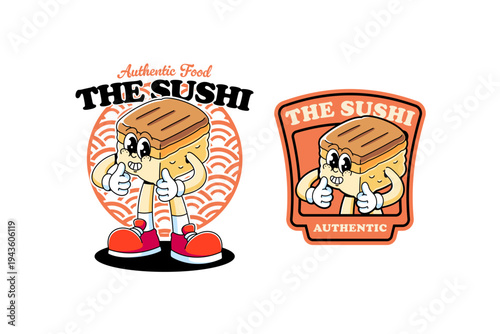 Grilled tamago nigiri sushi retro cartoon food mascot for japanese restaurant. Cute tamago sushi character with grilled omelette topping in a cartoon style