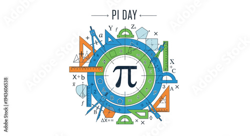 Colorful Pi Day design featuring mathematical symbols and geometric shapes on a white background with a mix of blue, green, and orange hues.