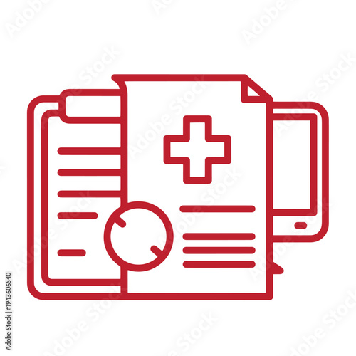 Medical document icon with red lines on white background  healthcare and medical records symbol