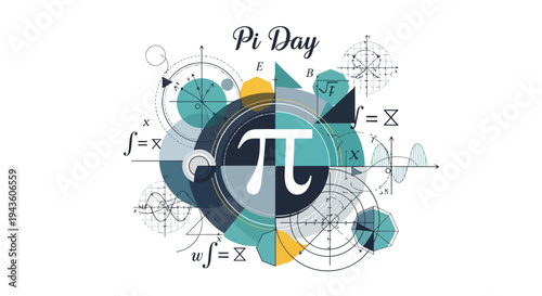 A colorful Pi Day illustration featuring mathematical symbols, geometric shapes, and the pi symbol on a white background, celebrating mathematics awareness and STEM education with a mix of