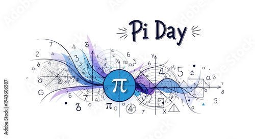 Illustration of a Pi Day design with mathematical equations and the Pi symbol in a blue circle, surrounded by colorful abstract lines on a white background with a mix of purple, blue, and