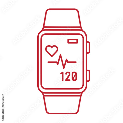 Red line icon of smartwatch with heart rate monitor and 120 bpm on screen  wearable technology device