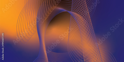 Abstract navy and yellow luminous waves sweeping across a dark atmospheric background with scattered sparkling micro particles, modern digital technology theme, vector style.