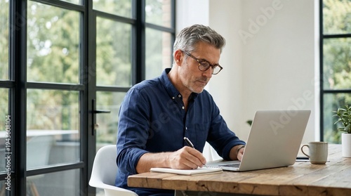Professional middle-aged man working on laptop and taking notes in a modern bright home office