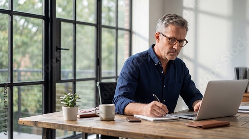 Middle-aged man working on laptop at rustic desk in modern office
