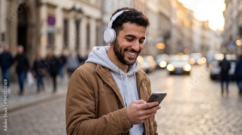 Young man smiling while listening to music with headphones and using smartphone on a city street